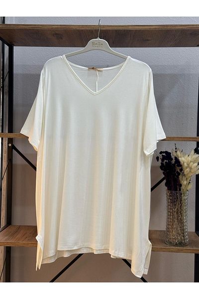 ÖZNE BUTİK Women's 100% Cotton V Neck Short Sleeve Tunic