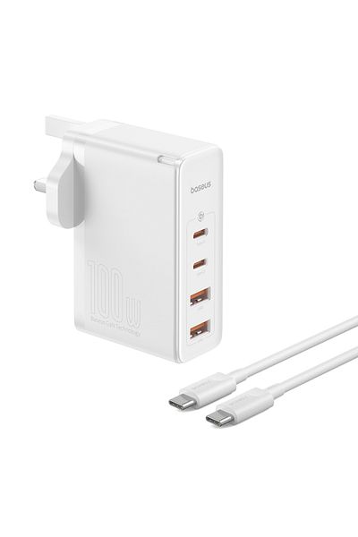 Baseus GaN5 Pro 100W Charger 2 Type-C + 2 USB-A, UK Plug with 100W Type-C Cable 1M - White
