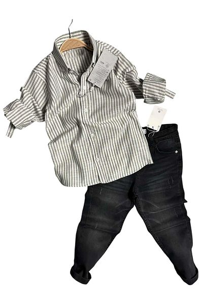 Riccotarz Boy's Striped Linen Shirt Black Jean Pants Bottom Top Set