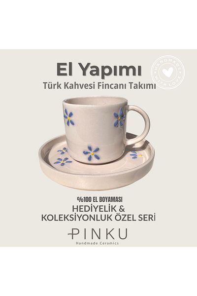 PINKU Ceramics Blossoms Handmade Embossed Floral Turkish Coffee Cup Set – 2 Piece Set (Cup Dish)