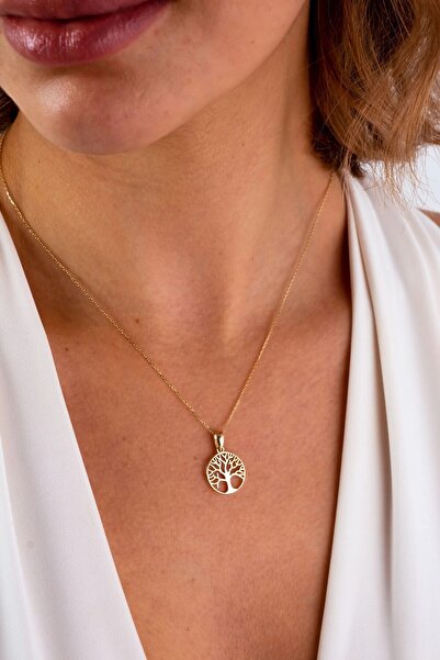 AAcc. Paslanmaz Çelik Zincirli Hayat Ağacı Altın Renk Kolye