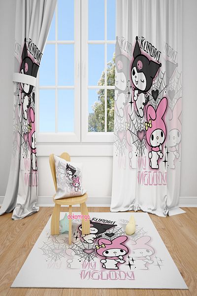 dekomingo Kuromi Network My Melody Patterned 2 Wings Background Curtain