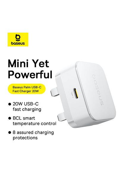 Baseus Palm 20W PD Fast Charging Wall Charger with Type-C to Lightning Cable 1M - UK Plug - White