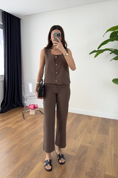 BİRCANÇİL Venka Brown Gold Buttoned Linen Vest Trousers Set