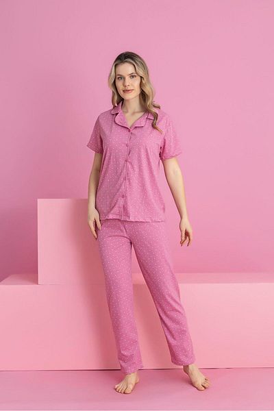 ZambakModa Pink Patterned Buttoned Pajama Set