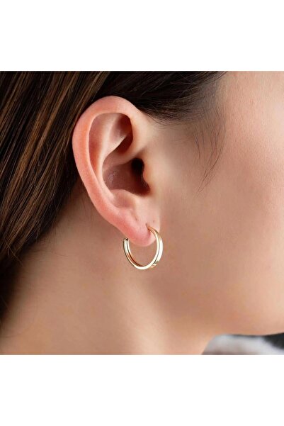 Bayar Gold 14 Ayar Altın Düz Halka Gizli Kilit Küpe 1.9 cm