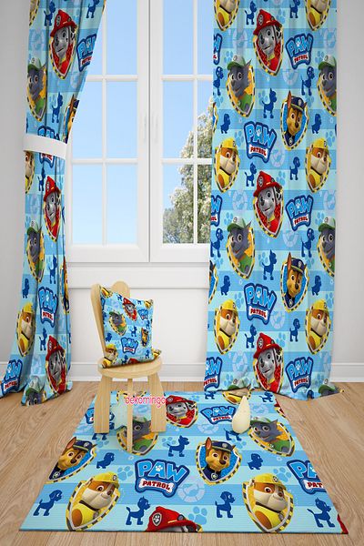 dekomingo Blue Striped Paw Petroleum Patterned 2 Wing Background Curtain