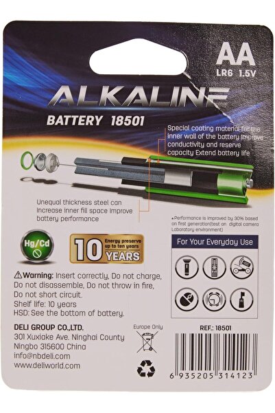 Deli LR6 18501 AA Alkaline Battery 4 Pack, Multicolour