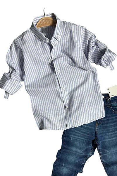 Riccotarz Αγόρι ριγέ λινό πουκάμισο Navy Blue Jean Παντελόνι Σετ πάνω κάτω