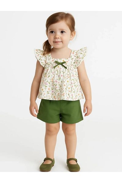 Çikoby Shorts Set with Soft Thin Gabardine Top and Chiffon Bottom
