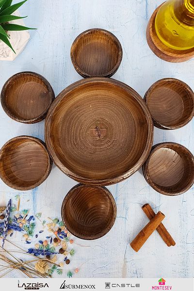 MONTESEV Handmade Wooden Natural Wood Snack Bowl Natural Wood Breakfast Bowl 7 Pieces