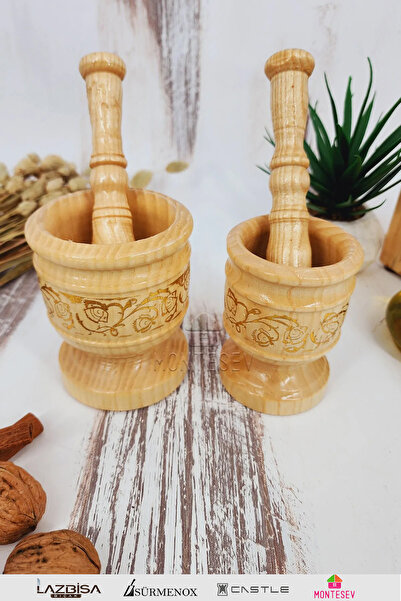 MONTESEV El Yapımı Ahşap Ağaç Havan Sarımsak Döveceği Takımı 2 li ( Yaldızlı Lüx 8 lik - 10 luk )