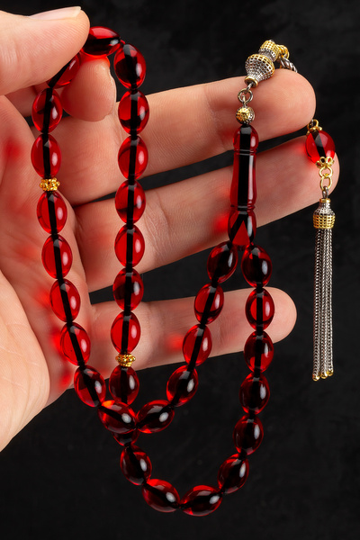 OTTOTESBİH Men's Silver Tassel 8X12Mm Red Fire Amber Rosary