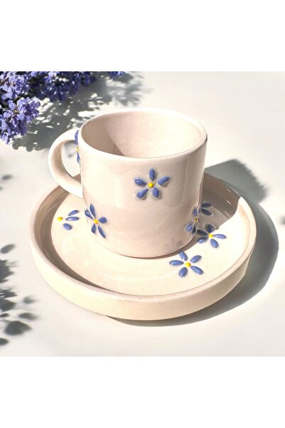 PINKU Ceramics Blossoms Handmade Embossed Floral Turkish Coffee Cup Set – 2 Piece Set (Cup Dish)