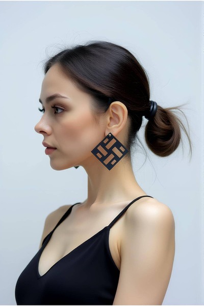Angels Passion Black Square Earrings, Stylish Laser Cut Earrings - Apbj012