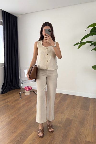 BİRCANÇİL Venka Stone Gold Buttoned Linen Vest Trousers Set