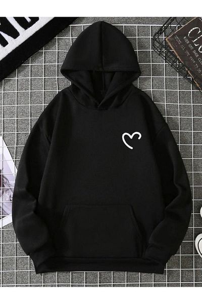 Sweetline Half Heart Sweatshirt - Black Printed Oversize Winter Thick Hoodie