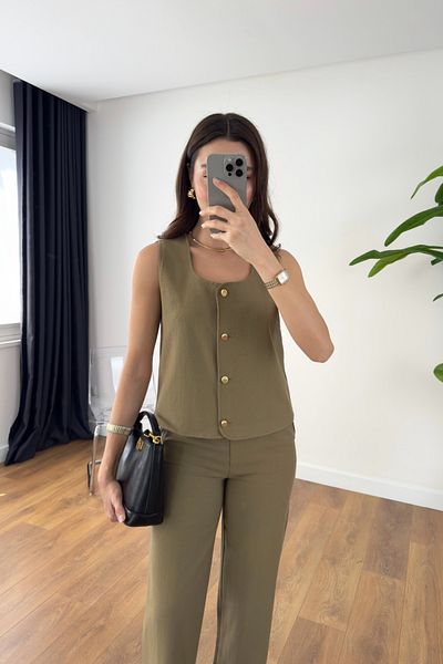 BİRCANÇİL Venka Khaki Gold Buttoned Linen Vest Trousers Set