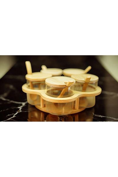 Kuka Set of 5 Glass Spice Shakers with Bamboo Lid and Swivel Stand