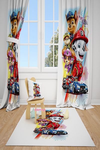 dekomingo White Background Paw Patrol Patterned 2 Wing Background Curtain