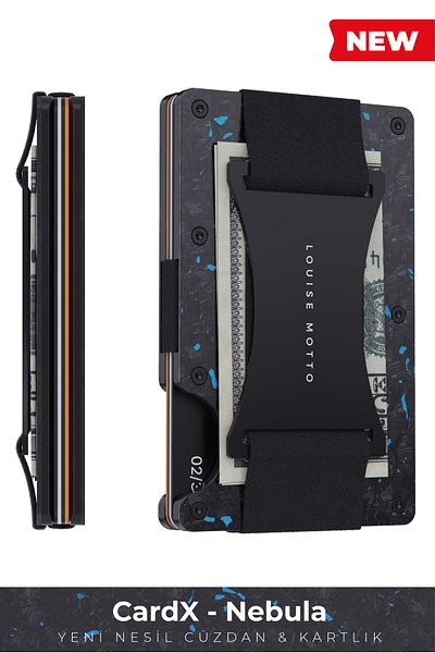 Louise Motto Portofel și suport pentru carduri din carbon forjat - Seria Cardx Nebula Straps (ALBASTRU).