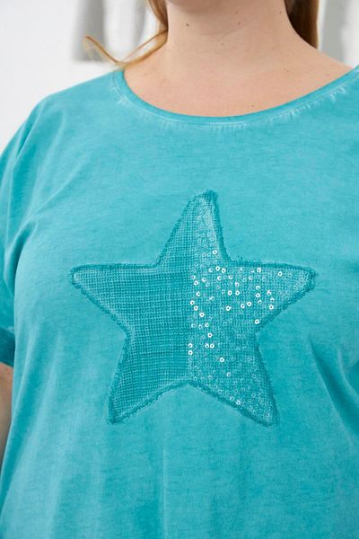RMG Turquoise Painting T-Shirt Large Size Sequin Embroidered