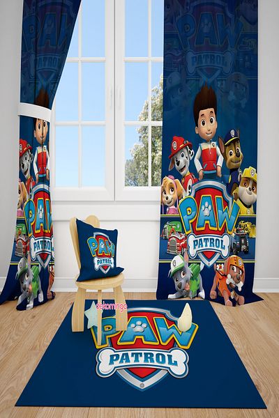 dekomingo Dark Blue Paw Patrol Patterned 2 Wings Background Curtain