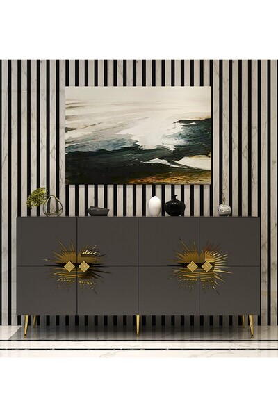 zerkaconcept Eda Konsol Tv Sehpası Çok Amaçlı Dolap Antrasit Altın 150 cm