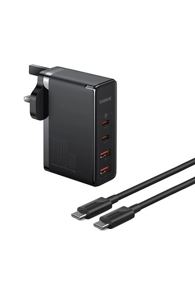 Baseus GaN5 Pro 100W Charger 2 Type-C + 2 USB-A, UK Plug with 100W Type-C Cable 1M - Black