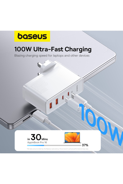 Baseus GaN5 Pro 100W Charger 2 Type-C + 2 USB-A, UK Plug with 100W Type-C Cable 1M - White