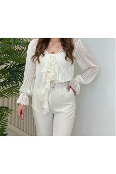 neslihansarıca gömlek , ekru bağlama detaylı önü fırfırlı gömlek