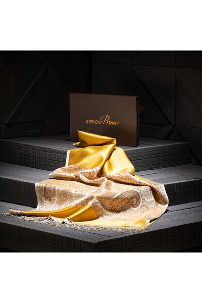 ipekevi Sarı Jakarlı El Dokuma Prime İpek Fular Şal