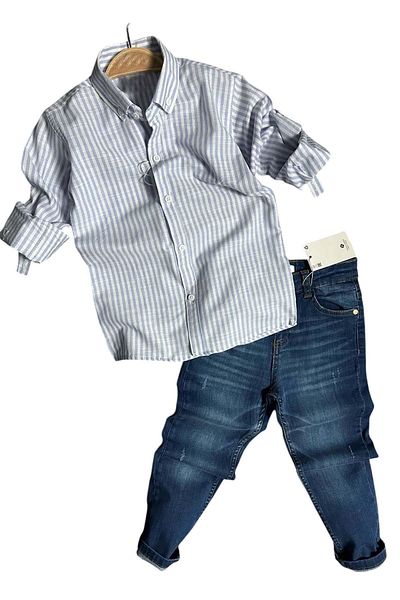 Riccotarz Αγόρι ριγέ λινό πουκάμισο Navy Blue Jean Παντελόνι Σετ πάνω κάτω