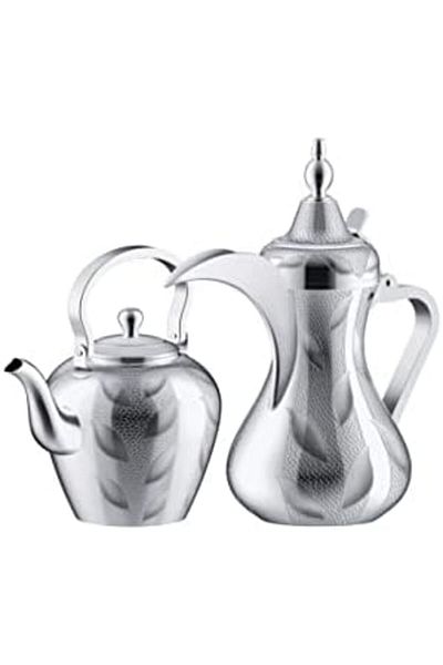 ALSAIF Taima 2-pieces Stainless Steel Arabic Coffee Dallah And Tea Kettle Set,colour: Chrome