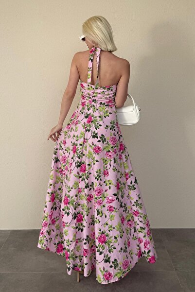 Madmext Pembe Önü Büzgülü Çiçekli Uzun Elbise MG2363