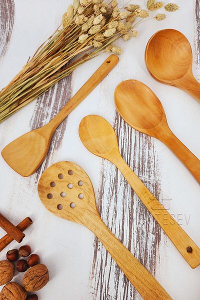 MONTESEV Wooden Wooden Kitchen Spoon Set Roller 6 Pieces Beech, Boxwood and Bamboo Wood Spoon