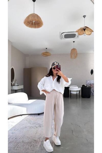 CHIC LUMI Kadın Keten Beli Lastikli Şalvar Pantolon