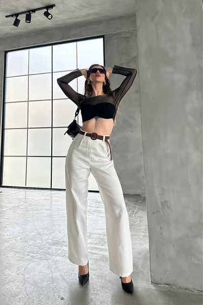 Fav Style Women's High Waist Belted Pipe Leg Linen Trousers White