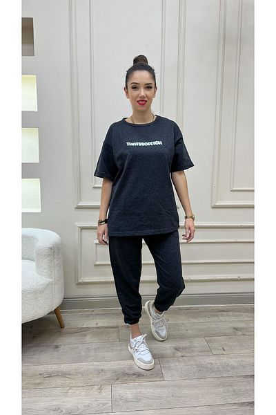 Sweetline Thatssofetch Anthracite T-shirt Sweatpants Jogger - Λευκό εμπριμέ Σετ αθλητικών παντελονιών Oversize