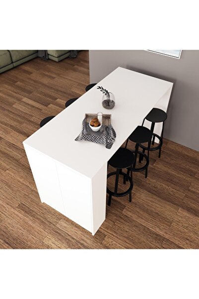 Bimossa Edgar L4830 Mutfak Adası Bar Masası 160cm Beyaz Karşılıklı Oturmalı Depolamalı Çok Amaçlı Masa