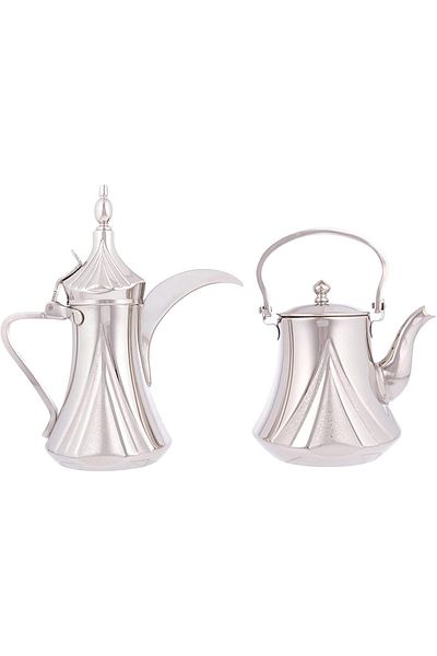 ALSAIF 2-piece coffee pot and jug set from Saif. A coffee pot for preparing and serving Arabic coffee, and a practical jug for heating tea, nickel color.