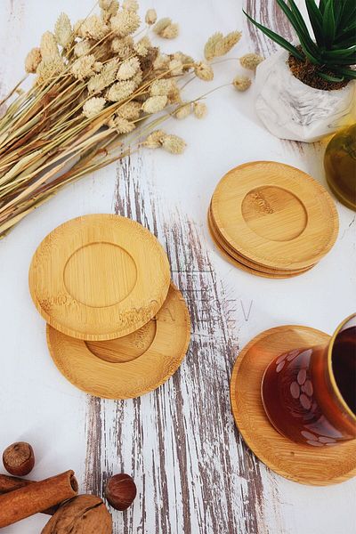 MONTESEV Wooden Tea Plate Set of 6 Glasses Cup Mug Saucer (Round)