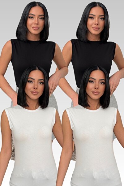 Lunamiratto Women's 2 White 2 Black Crew Neck Cotton Sleeveless Body Beige Cr...