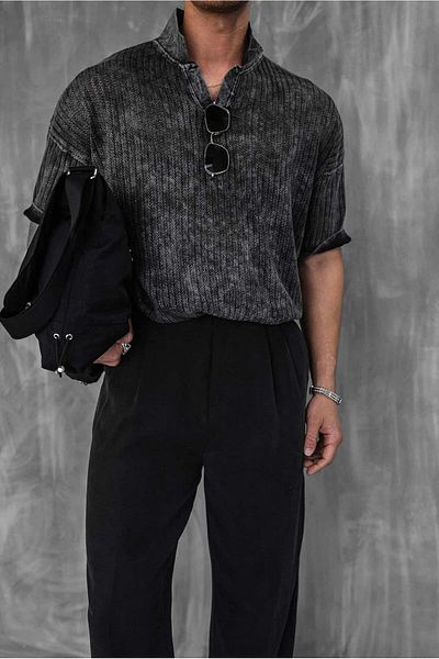 ablukaonline Ανδρικό μπλουζάκι Polo Neck Regular Fit Knitwear Μαύρο