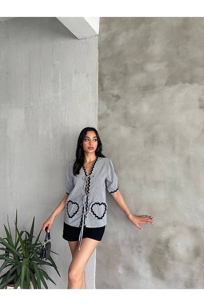 Cistern İstanbul Women's Black Heart Detailed Front Lace up Striped Shirt