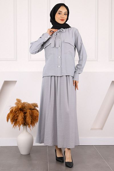 İmajButik Gray Collar Tie Shirt Skirt Suit