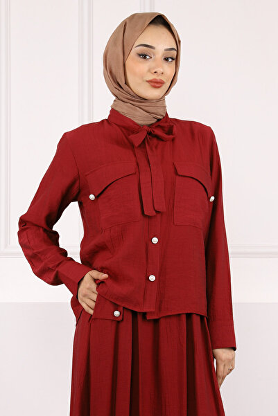 İmajButik Burgundy Collar Tie-Up Shirt Skirt Suit