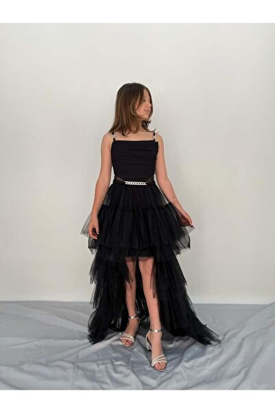 BUTİKHAPPYKİDS Kız Askılı Siyah Zincir Detaylı Kat Etekli Kuyruklu Abiye 10-15 Yaş