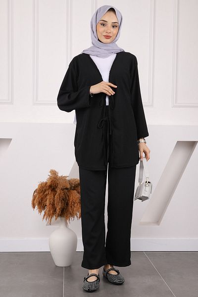 İmajButik Μαύρο μπροστινό δεμένο παντελόνι κιμονό