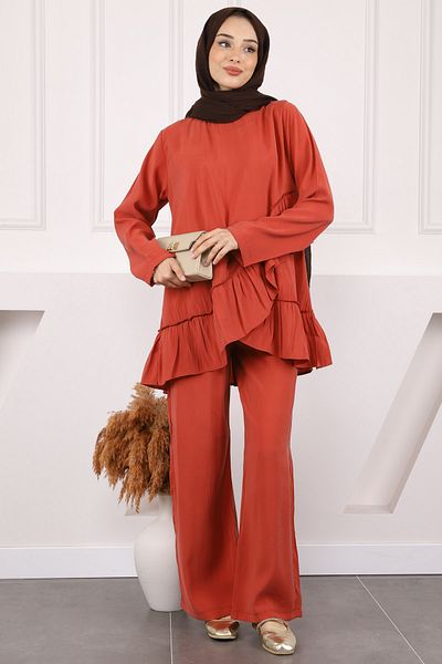 İmajButik Tile Ruffle Detailed Tunic Trousers Suit
